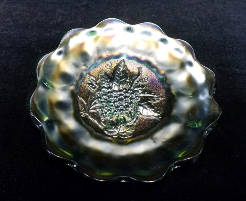 Imperial Carnival Glass, Heavy Grape design, circa 1920, Green Iridescent Scalloped – Lincoln Park Emporium