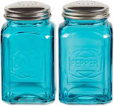 RSVP Salt and Pepper Shaker Set, Retro Style, Turquoise Glass, Stainless lid, 5"