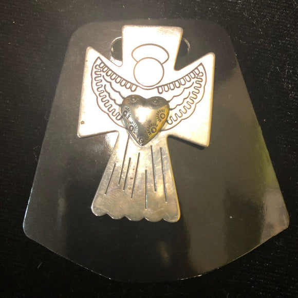 Vintage sterling silver cross brooch with angel engraving